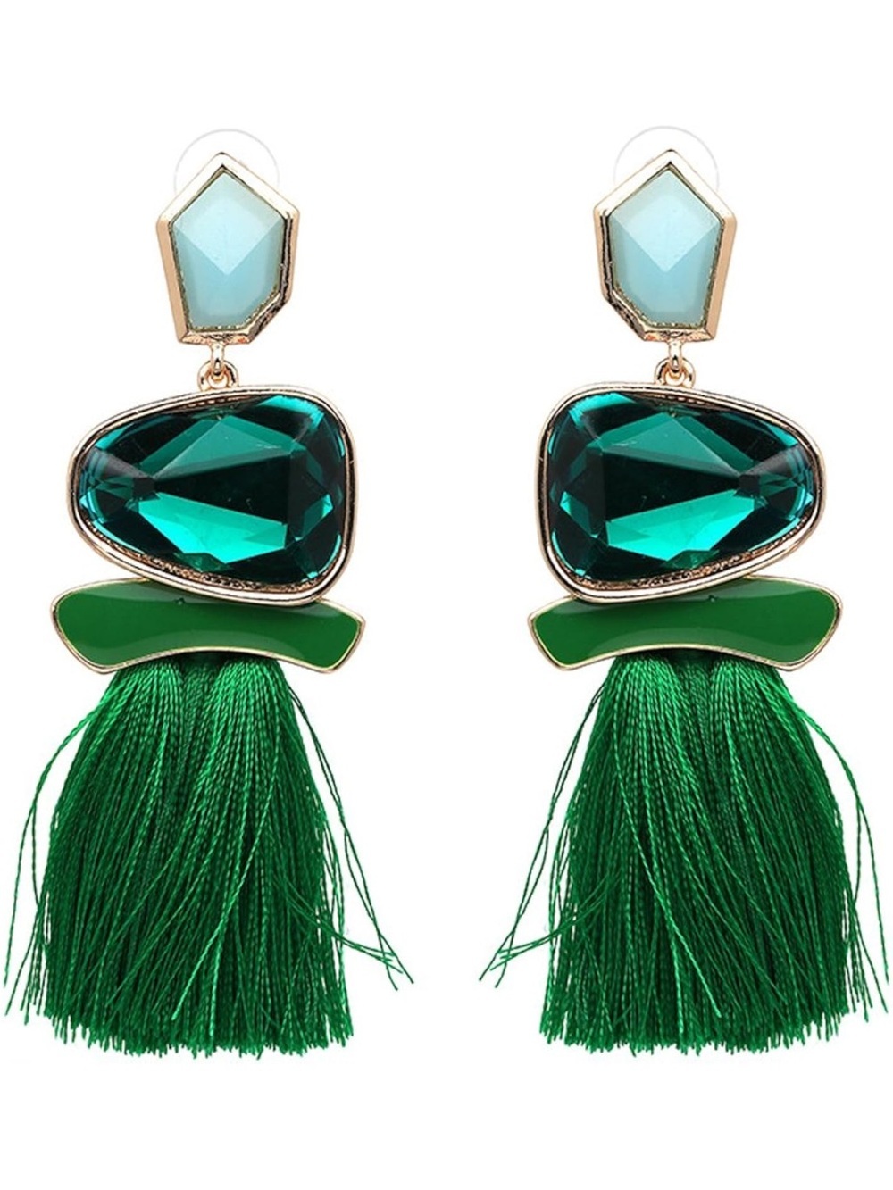 Vintage Long Green Rhinestone Tassel Drop Statement Earrings